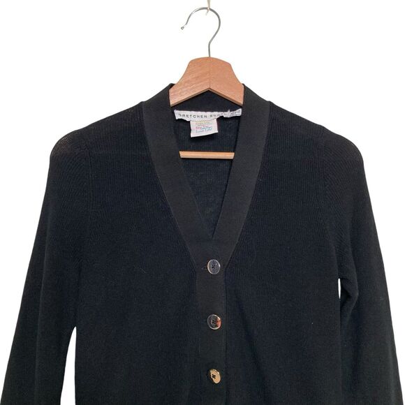 Gretchen Scott Womens XS Black Sweater Cardigan Gold Buttons Side Slits HiLo Hem - Picture 3 of 12